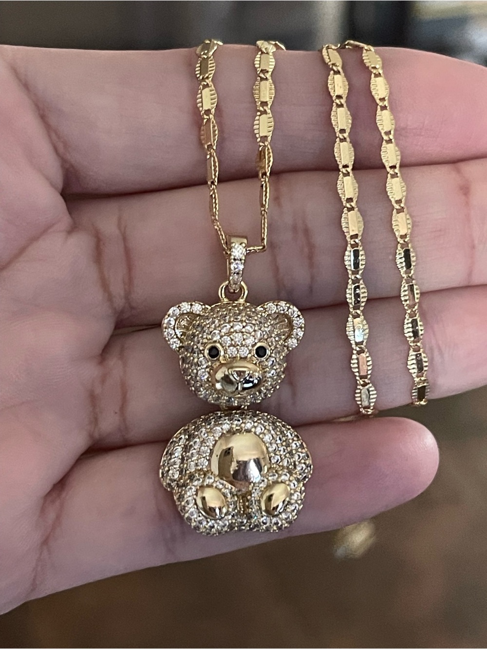 Gold Teddy Bear Pendant Necklace-Sparkling Crystal Accent